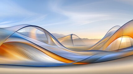 Fluid digital artwork with blue and orange shapes that resemble fabric, producing a wave-like pattern with a distinct texture.