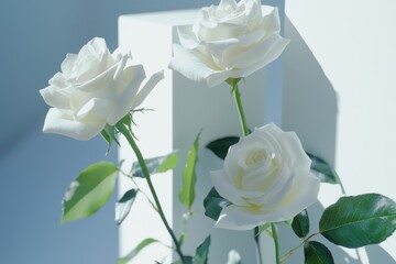Fototapeta premium Roses styled against a white minimalist backdrop for professional photography.