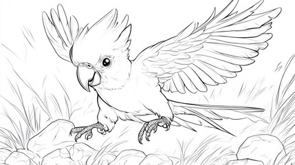 Obraz premium Cheerful Cartoon Cockatoo Jumping Over Rocks - Children's Coloring Book Page
