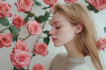 Naklejka premium Roses styled against a white minimalist backdrop for professional photography.
