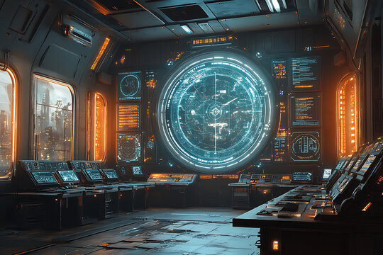 A futuristic classroom with holographic screens and interactive AI tutors