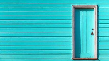 Fototapeta premium Close-up view of a humble schoolhouse with peeling paint and a rustic door, framed by a serene blue sky, exuding quiet resilience