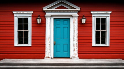Close-up view of a humble schoolhouse with peeling paint and a rustic door, framed by a serene blue sky, exuding quiet resilience