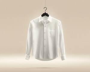 Classic White Shirt Hanging from a Hanger on a Plain Background