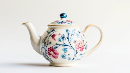 Floral teapot, white ceramic, blue, pink.