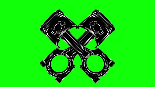 Crossed piston engine animation. mechanical car engine motion on green screen background. animated 4k chroma key