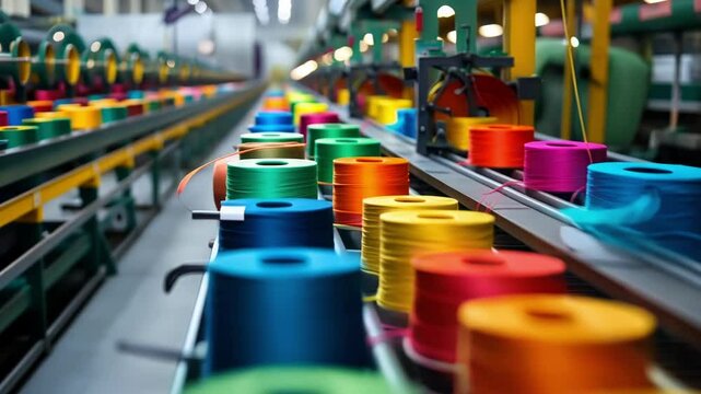 At the end of the production line a large machine churns out spools of brightly colored string which are then packaged and shipped out to various destinations.