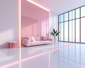 Minimalist pink and white living room, sleek sofas, large glass windows providing natural light, simple decor elements, tranquil atmosphere