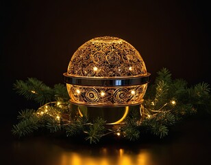 Elegant golden lamp with intricate pattern, surrounded by festive greenery and warm lights.