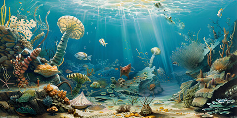 Illustration of Vibrant Underwater Marine Ecosystem with Coral and Fish, Detailed Visualization of Ocean Biodiversity and Sea Life  
