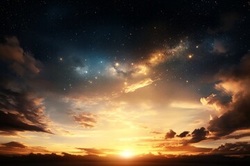 Obraz premium Stunning sunset illuminates the sky with vibrant hues and twinkling stars during twilight hours