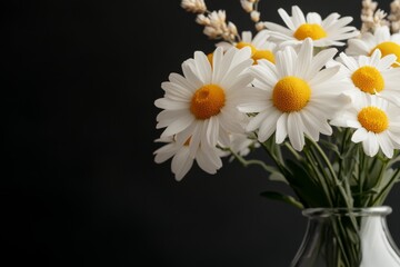 Bouquet of daisies with delicate accents against a dark background in a simple glass vase
