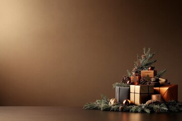 Christmas gift arrangement with pine branches and ornaments on a wooden table