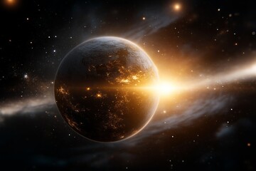 Fototapeta premium Stunning view of a distant planet illuminated by cosmic light in a vibrant galaxy setting