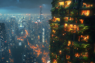 A modern skyscraper with vertical gardens and eco-friendly energy solutions