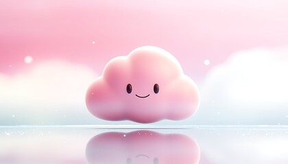 Pink Cloud Emoji Icon with Soft Reflection on a Clear Glass Surface