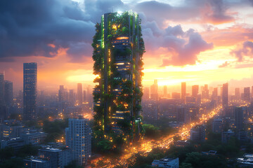 A modern skyscraper with vertical gardens and eco-friendly energy solutions