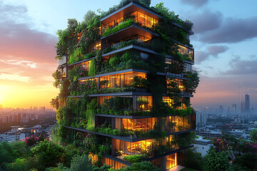 A modern skyscraper with vertical gardens and eco-friendly energy solutions