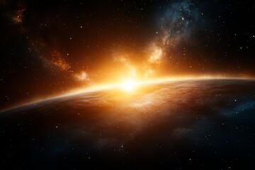 Stunning view of a sunrise over a distant planet in a vibrant cosmic landscape