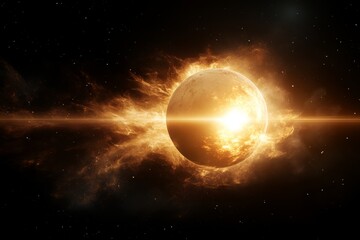 Obraz premium Celestial event showcasing a luminous planet surrounded by glowing cosmic flames