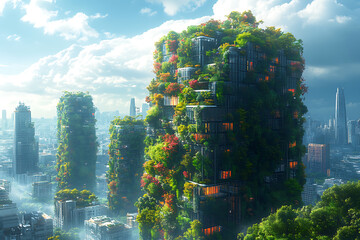 A modern skyscraper with vertical gardens and eco-friendly energy solutions