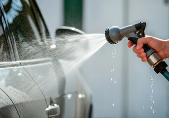 Hand holding pressure washer hose spraying water on car during cleaning in driveway