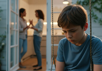 Obraz premium Sad child sitting on swing experiencing emotional stress from parents arguing inside home