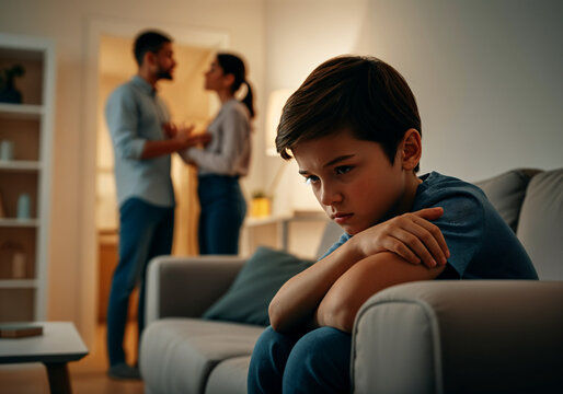 Sad child sitting on sofa with arms crossed while parents arguing in blurred background, family problems concept