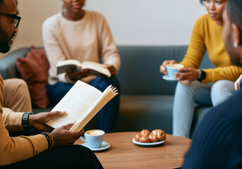 Diverse group of students enjoying coffee and pastries while reading books in a campus cafe