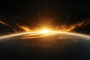 Vivid display of cosmic energy rising above a distant planet at dawn