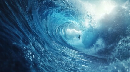 Surfer inside a giant, curling ocean wave.