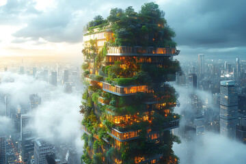A modern skyscraper with vertical gardens and eco-friendly energy solutions