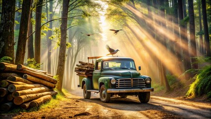 A vintage pickup truck drives through a misty forest with sunbeams shining through the trees. The truck bed is loaded with lumber, and a bird perches on the cab roof.