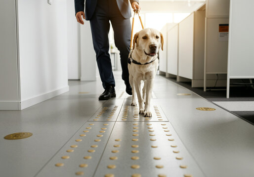Labrador retriever assisting businessman navigating office hallway with tactile paving