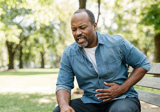 Mature man sits on a park bench, suffering from a stomach ache