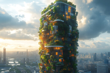 A modern skyscraper with vertical gardens and eco-friendly energy solutions