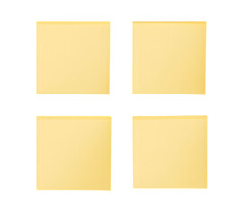 Four Blank Yellow Sticky Notes on a White Background for Office Use, Note Taking, or Reminders