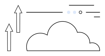 Cloud icon with arrows pointing upwards, lines and dots indicating data movement. Ideal for cloud technology, data transfer, internet connectivity, storage solutions, virtual services, software