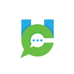 A flat logo design of a monogram letter UC with the C as the speech bubble in green and blue