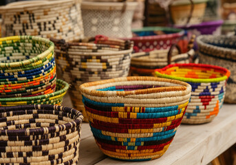 Colorful handmade baskets are displayed on a wooden table, showcasing traditional weaving techniques and vibrant patterns