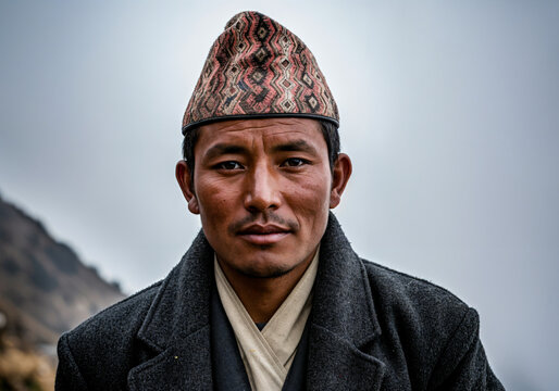 Portrait of a nepali man wearing a traditional dhaka topi hat and coat in a mountainous region