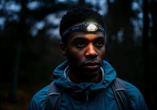 Young man wearing headlamp exploring forest at night