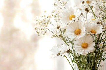 Fototapeta premium Beautiful bouquet of white daisies and delicate blooms arranged in a vase by a window in soft natural light