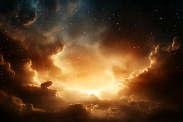 Fototapeta premium Dramatic sunset illuminates clouds and sky with vibrant orange and golden hues in a starry night backdrop