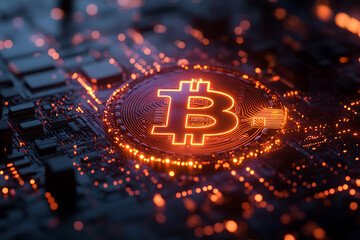 A glowing Bitcoin hologram surrounded by futuristic digital elements, symbolizing the future of cryptocurrency