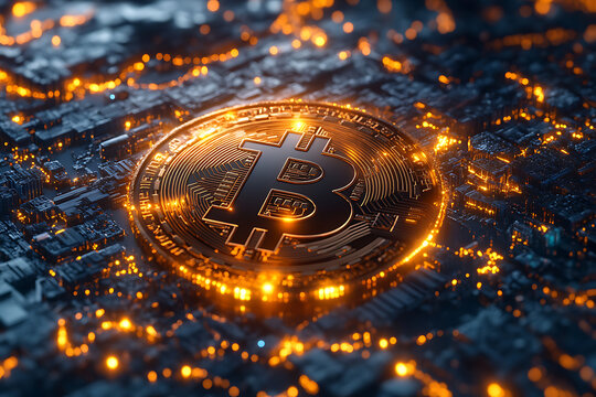 A glowing Bitcoin hologram surrounded by futuristic digital elements, symbolizing the future of cryptocurrency