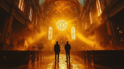 Fototapeta premium Two figures silhouetted in a grand, illuminated church with vibrant light streaming through.