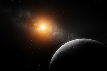 Fototapeta premium Interstellar view of a distant galaxy with a shining star and a dark planetary surface under cosmic embrace