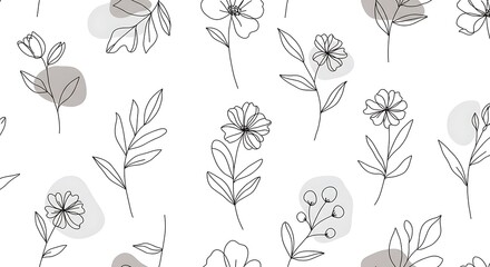Elegant minimalist floral pattern.  Botanical line art, seamless and modern.  Abstract flowers and leaves.  Nature inspired.