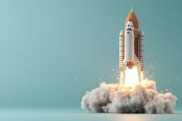 Naklejka premium Rocket launches into space with powerful thrust creating a cloud of smoke